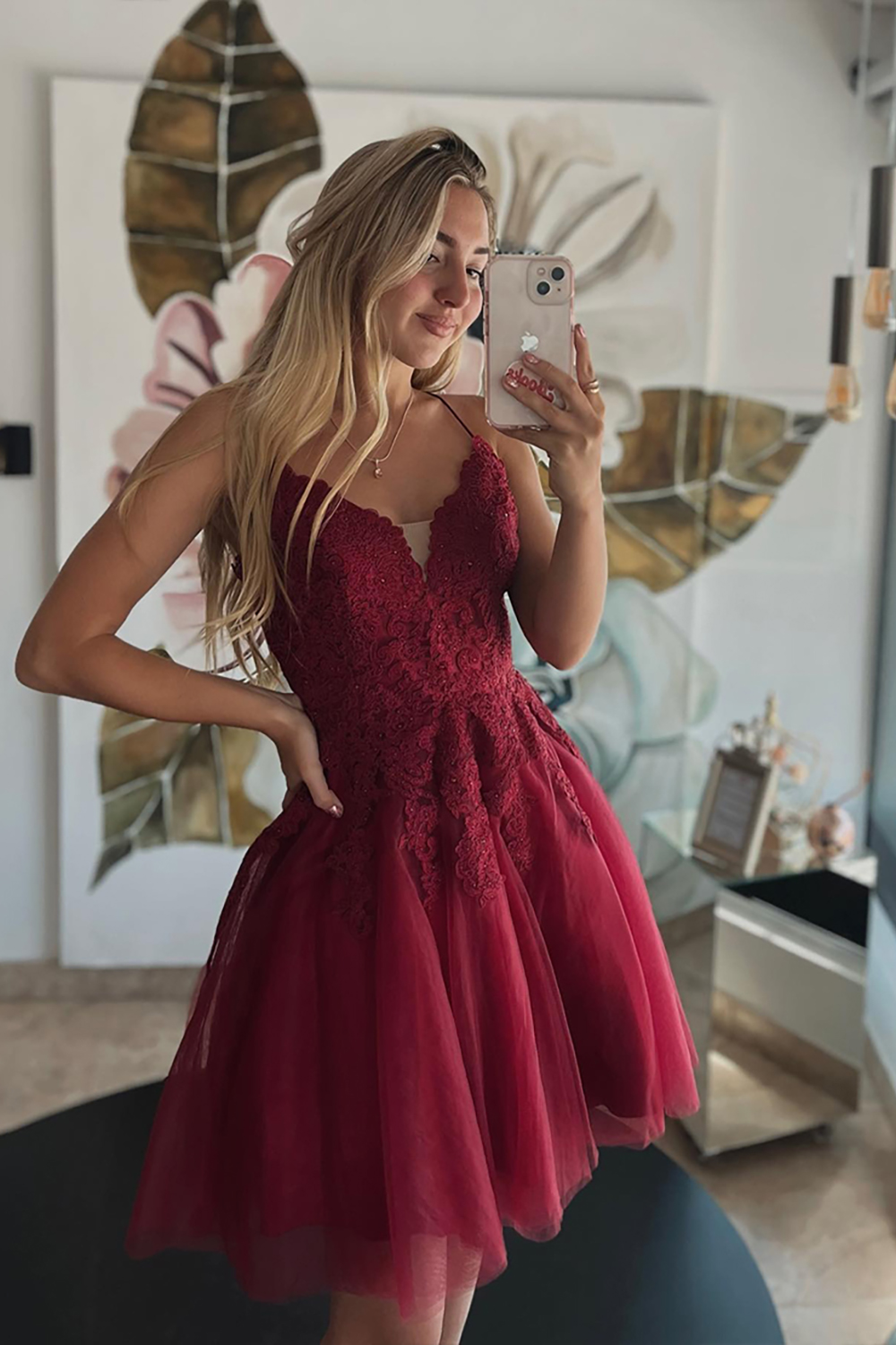 Burgundy Tulle Halter A Line Short Homecoming Dress with Lace
