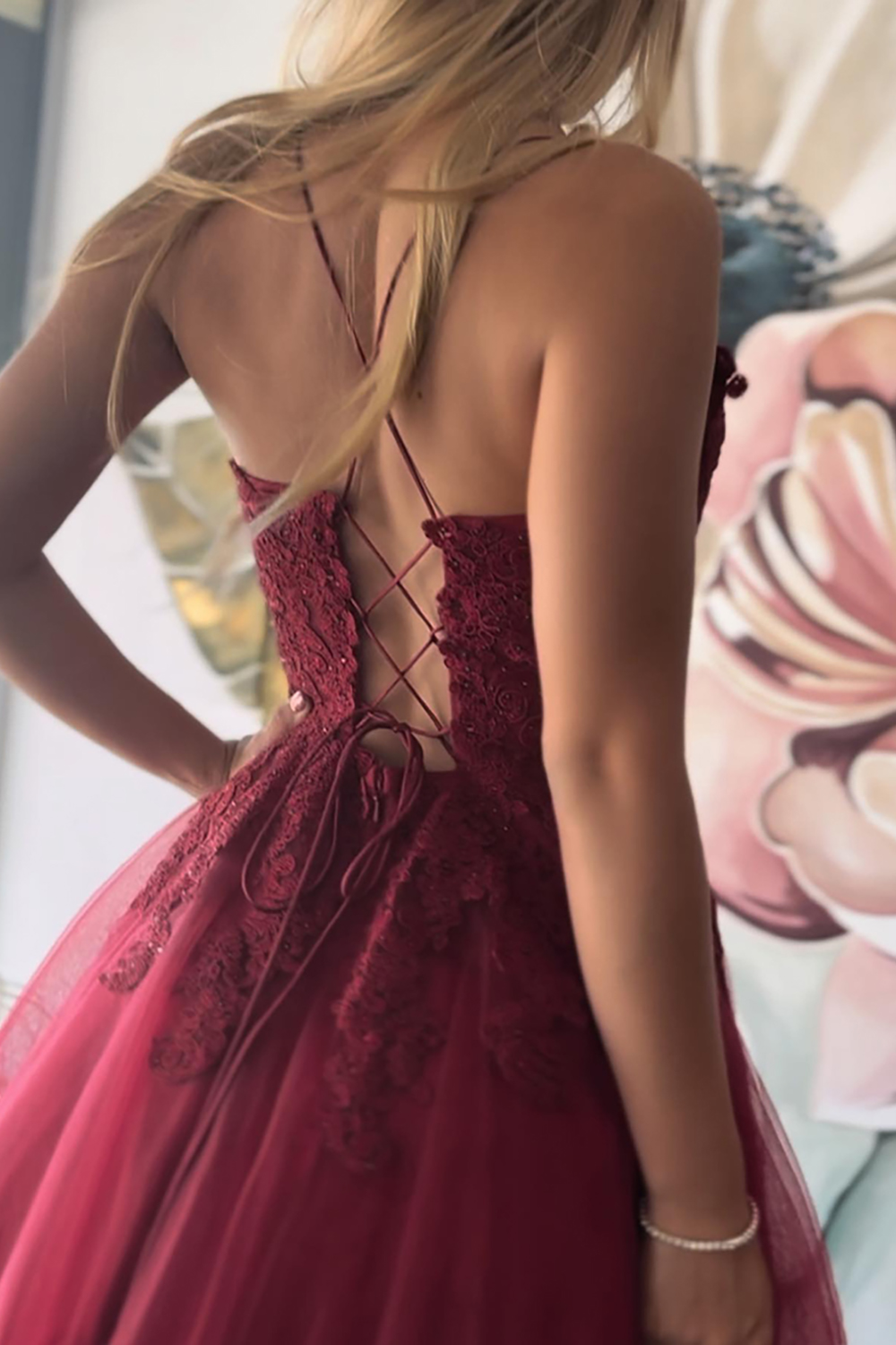 Burgundy Tulle Halter A Line Short Homecoming Dress with Lace