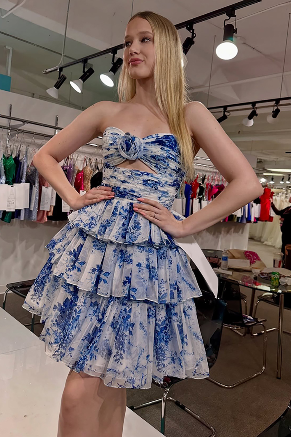 Blue Floral Ruffled A Line Tiered Short Homecoming Dress