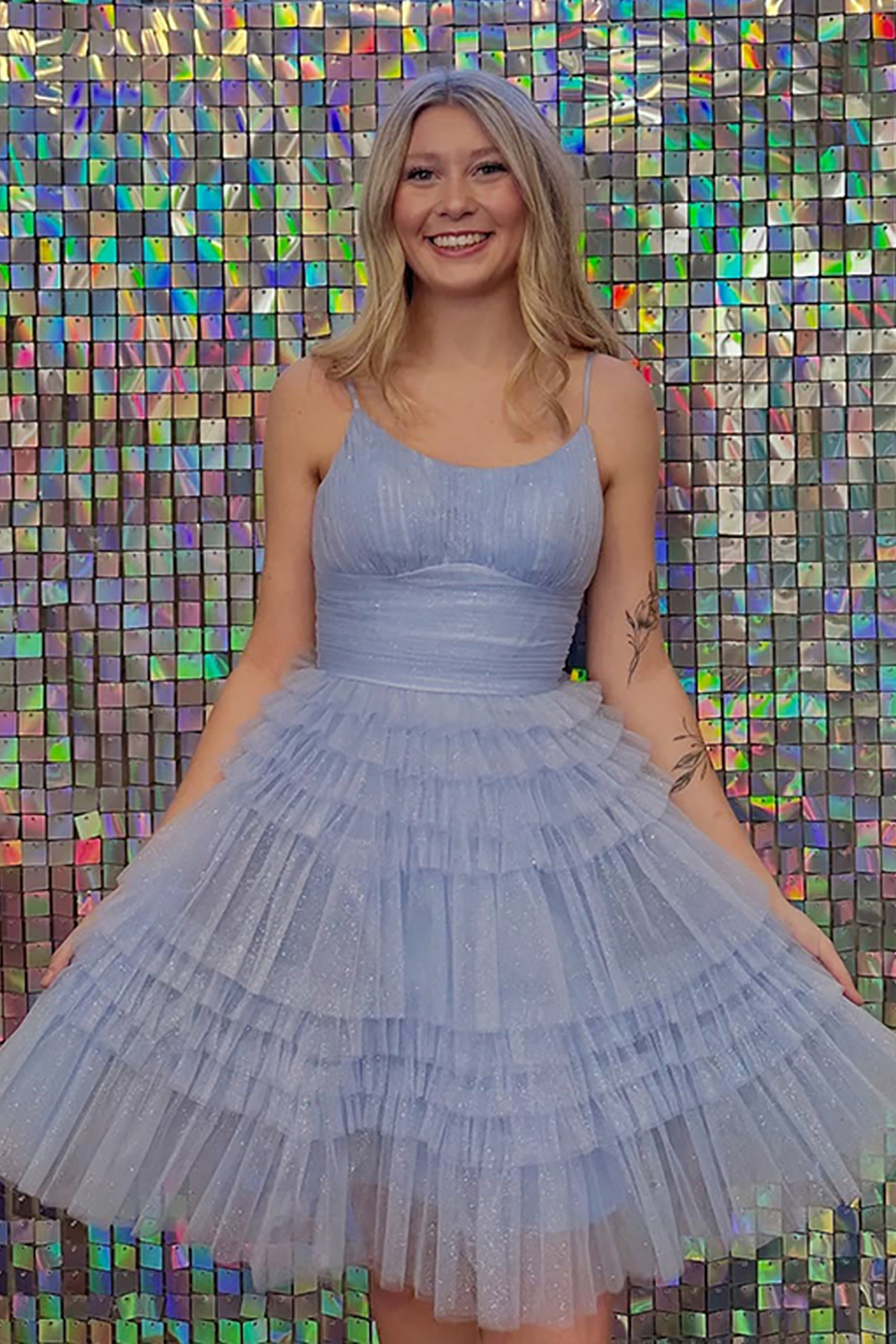 Glitter Lilac A Line Tulle Short Homecoming Dress with Ruffles