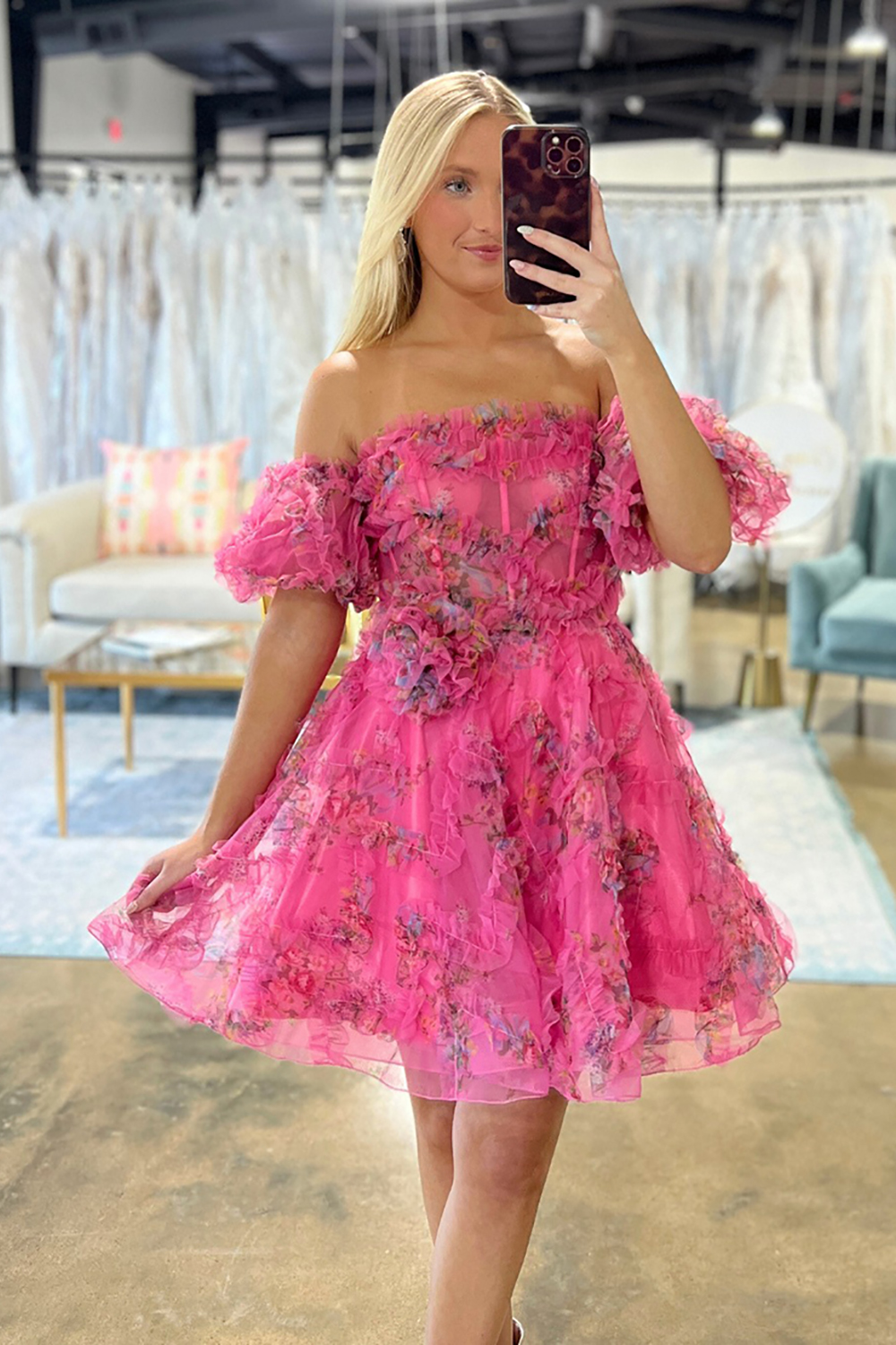 Pink Floral Corset Off the Shoulder Short Homecoming Dress with Ruffles