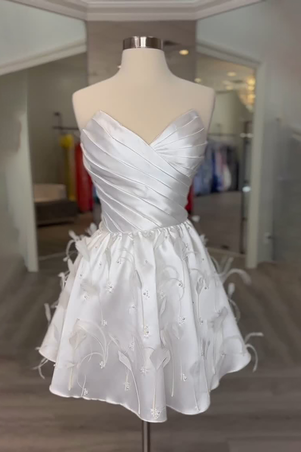 White Satin Ruched Short Homecoming Dress with Feather