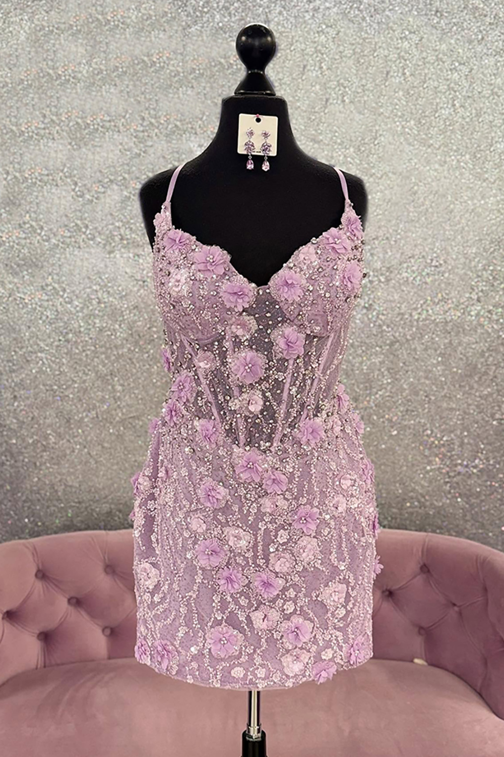Sparkly Lilac Floral Corset Short Homecoming Dress with Beading