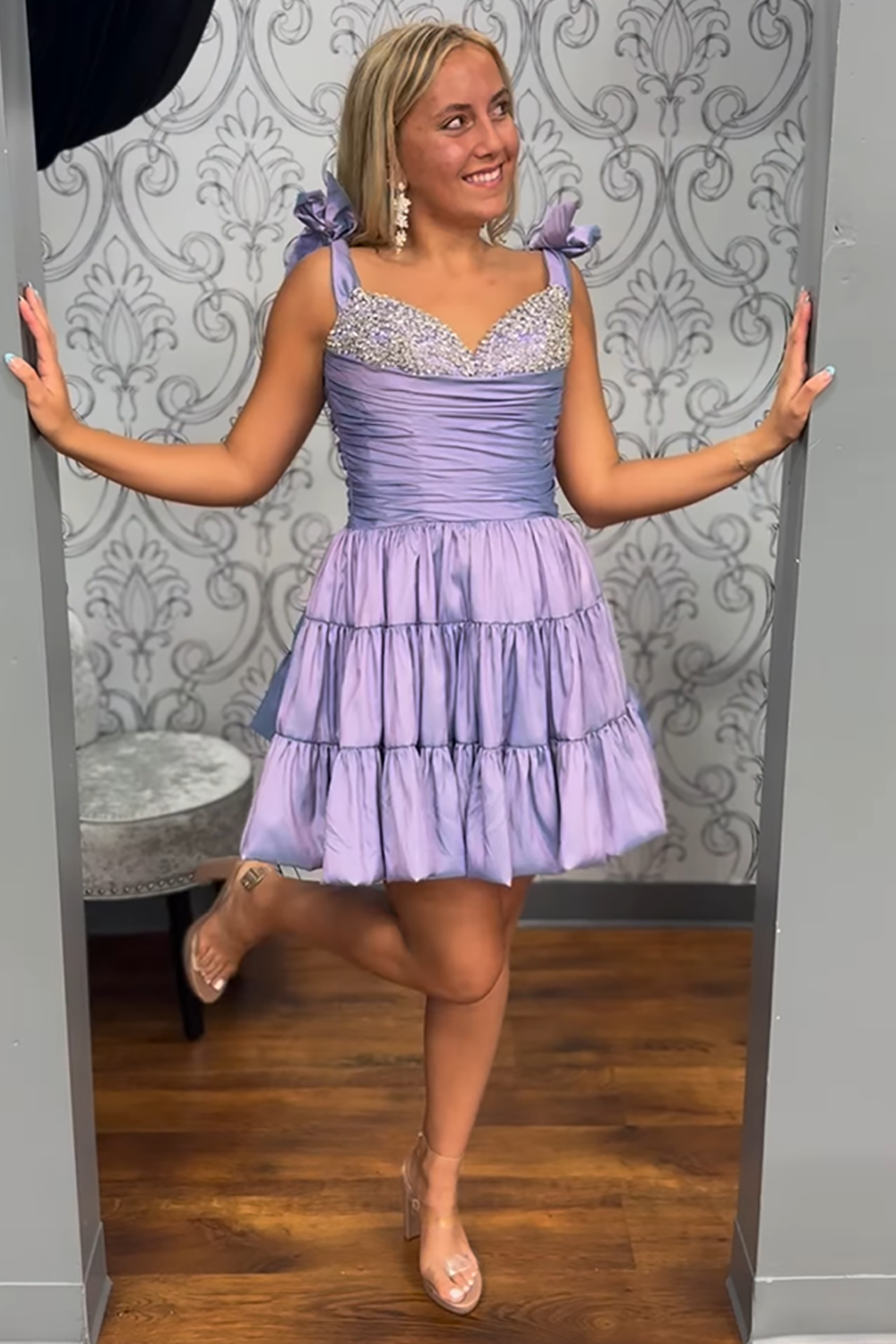 Sparkly Lilac Satin Ruched Pleated Short Homecoming Dress with Beading