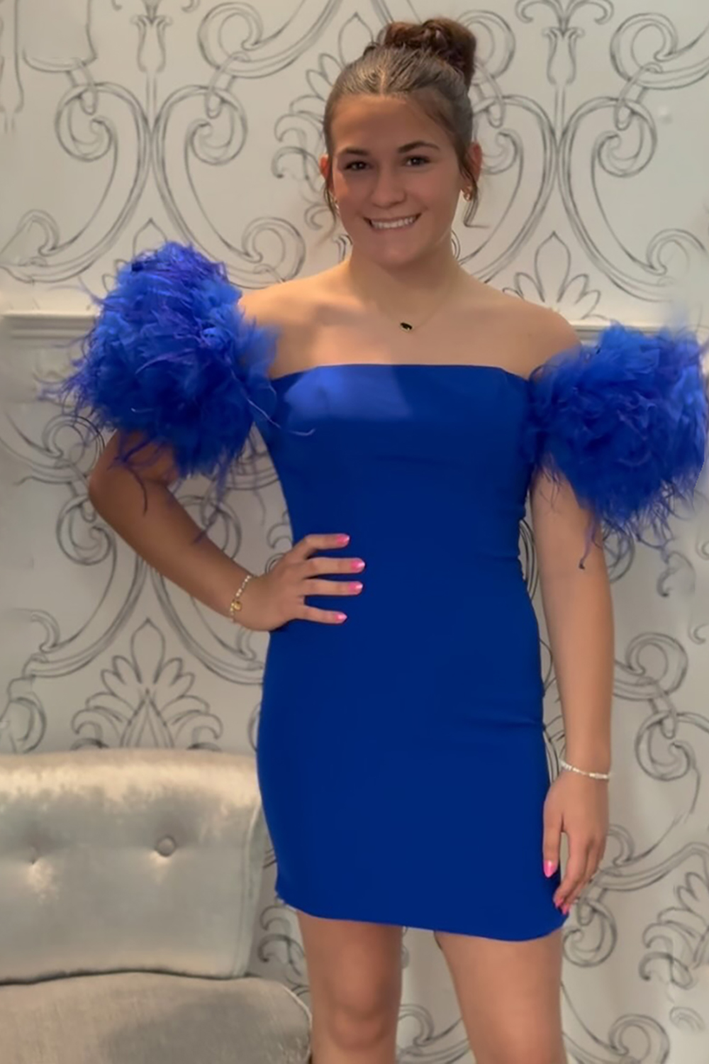 Royal Blue Off the Shoulder Tight Short Homecoming Dress with Feathers