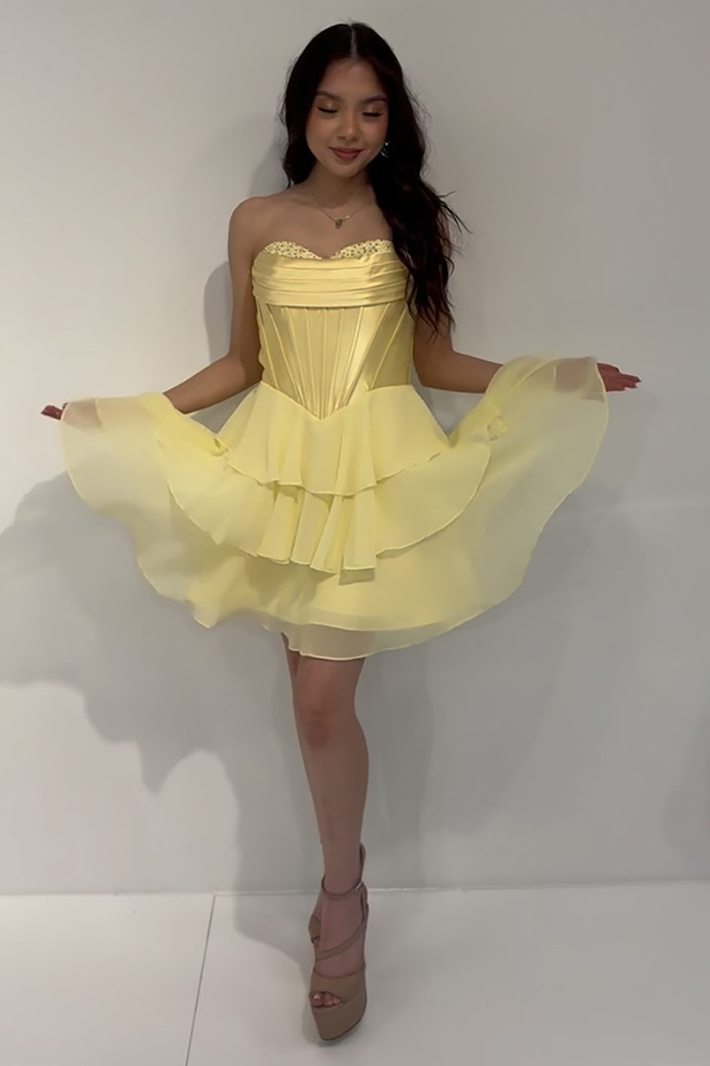 Yellow Corset Ruffled A Line Short Homecoming Dress