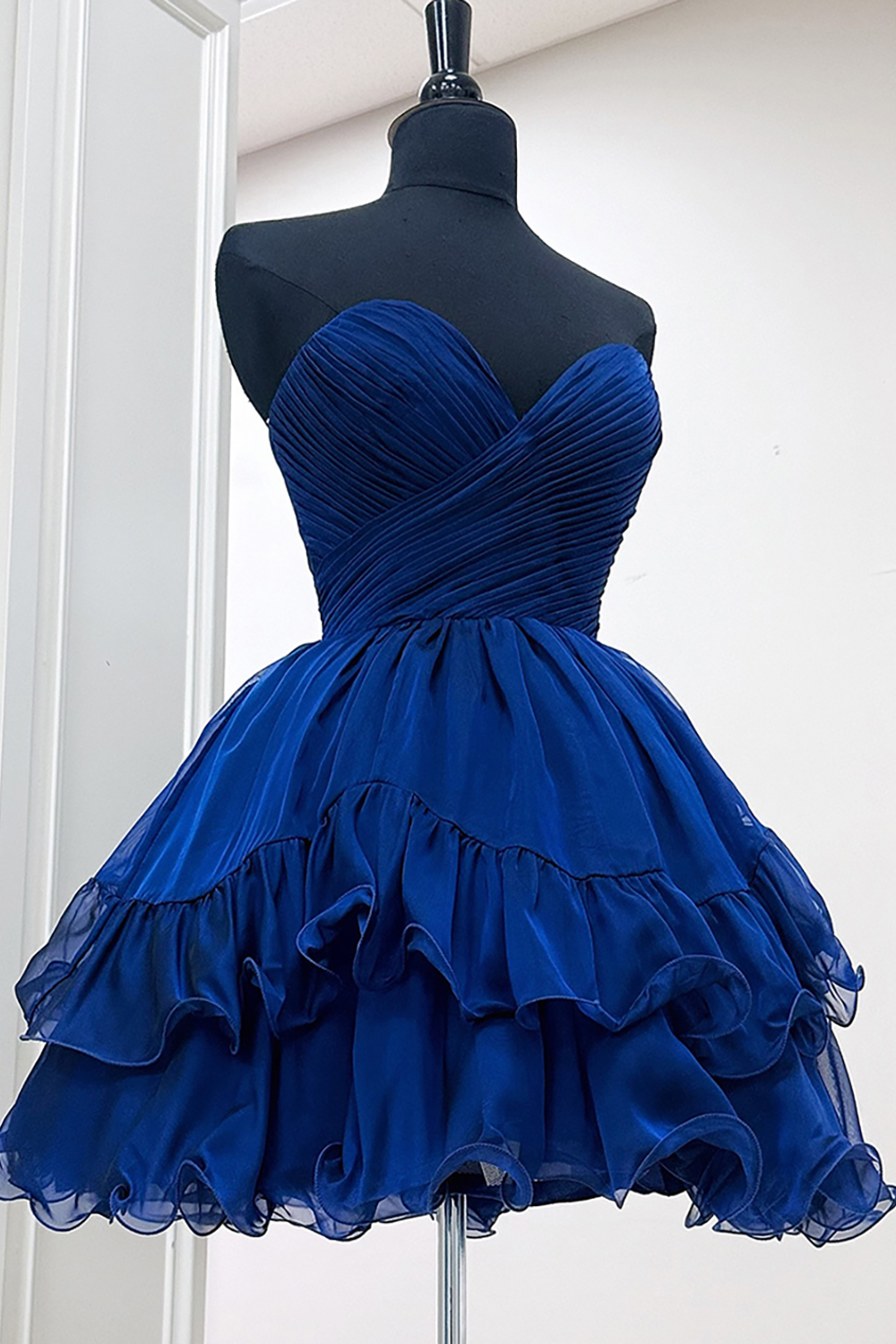 Dark Blue Ruched A Line Short Homecoming Dress with Ruffles