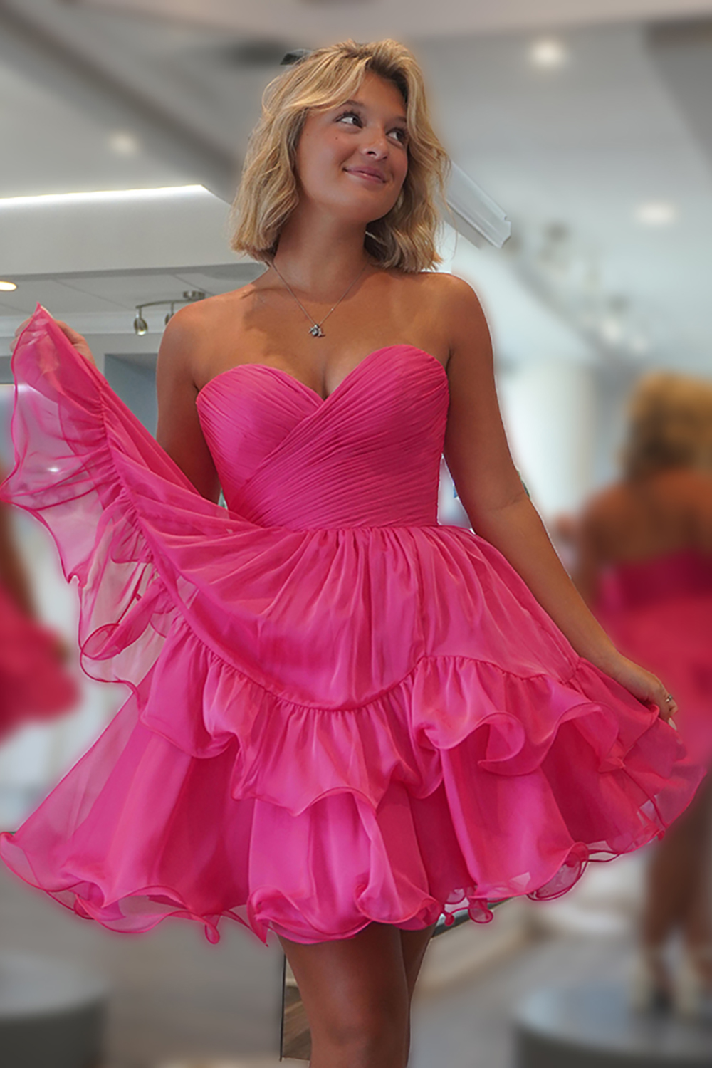 Fuchsia Sweetheart Ruched A Line Short Homecoming Dress with Ruffles