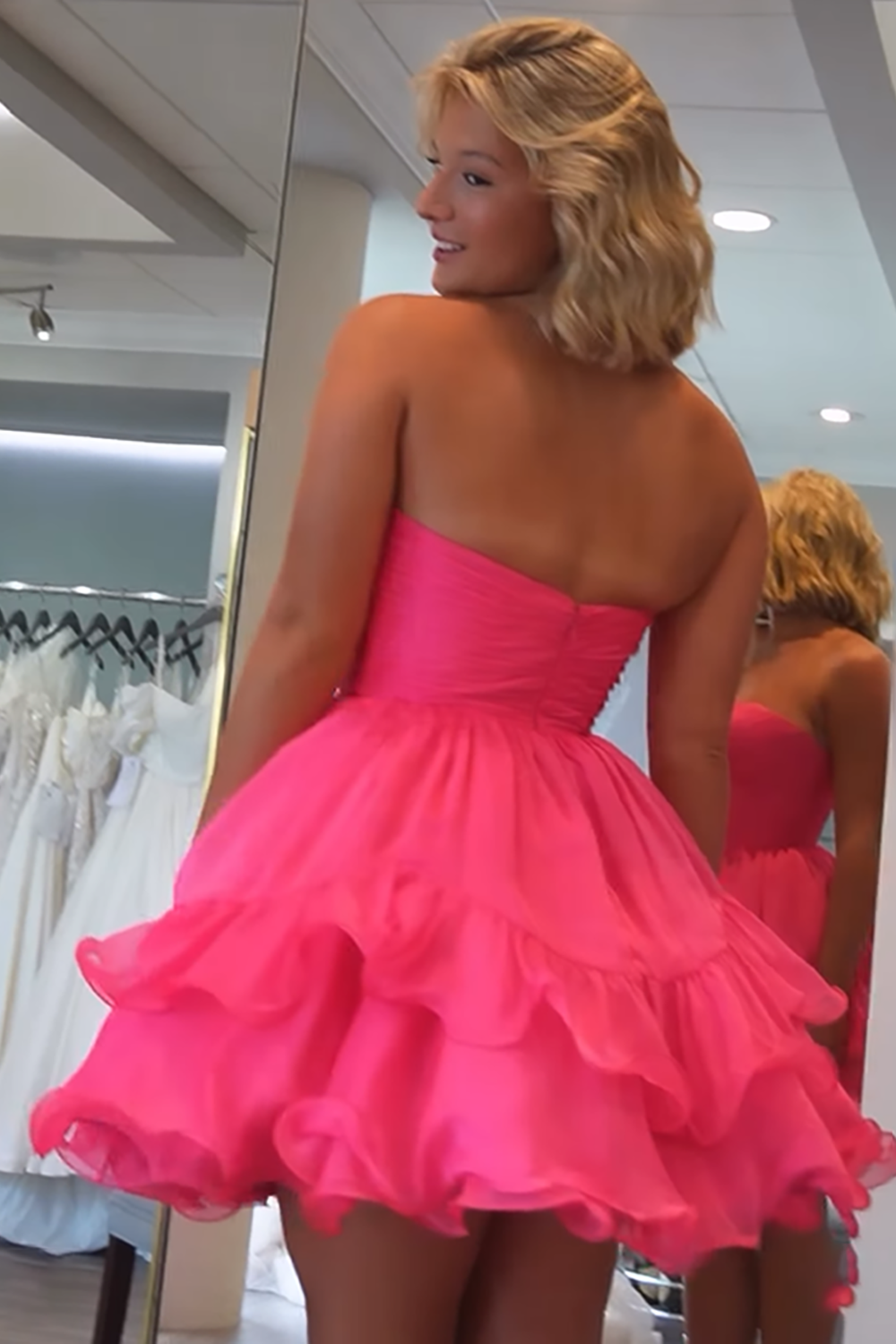 Fuchsia Sweetheart Ruched A Line Short Homecoming Dress with Ruffles