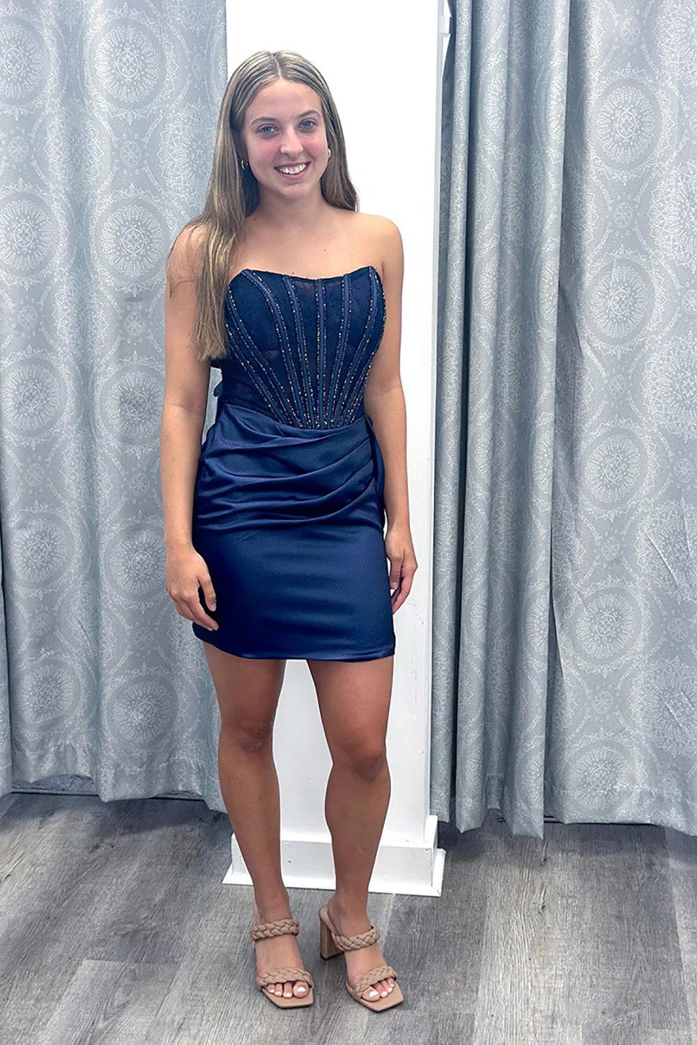 Sparkly Navy Satin Corset Ruched Short Homecoming Dress with Beading