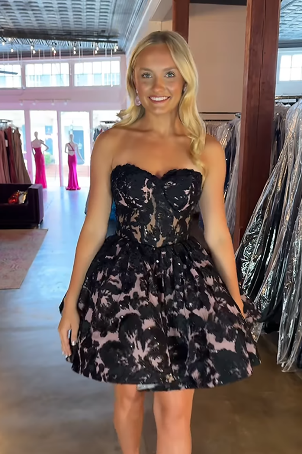 Black Printed A Line Short Homecoming Dress