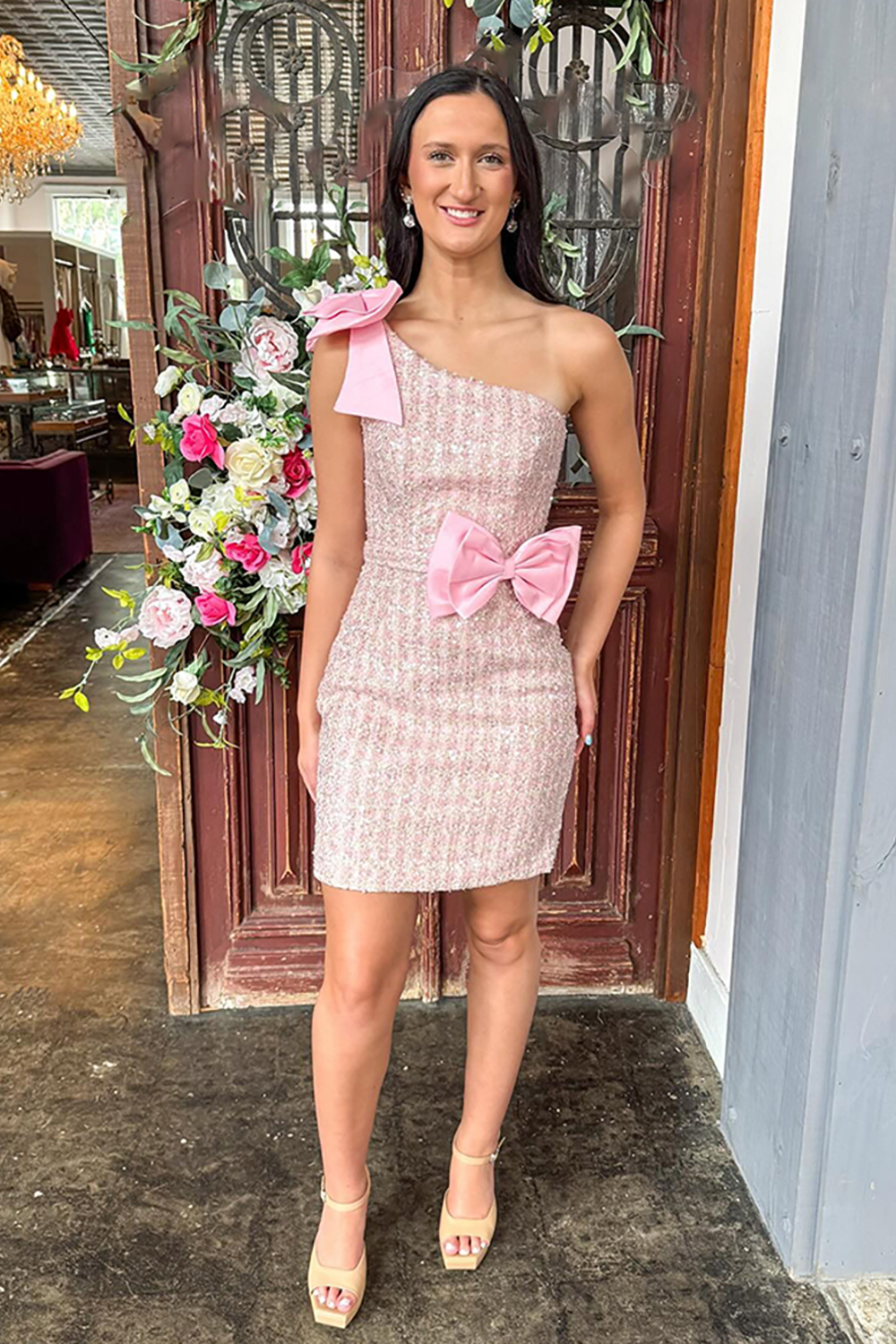 Sparkly Green Tweed Tight Short Homecoming Dress with Bows