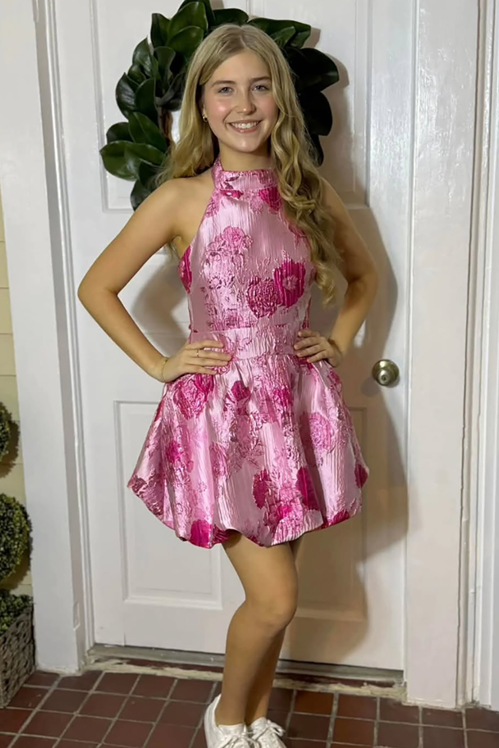 Pink Floral A Line High Neck Short Homecoming Dress