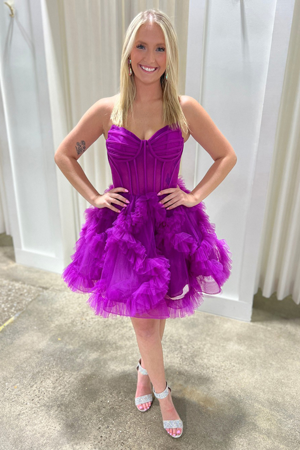 Fuchsia Corset Sweetheart Short Homecoming Dress with Ruffles