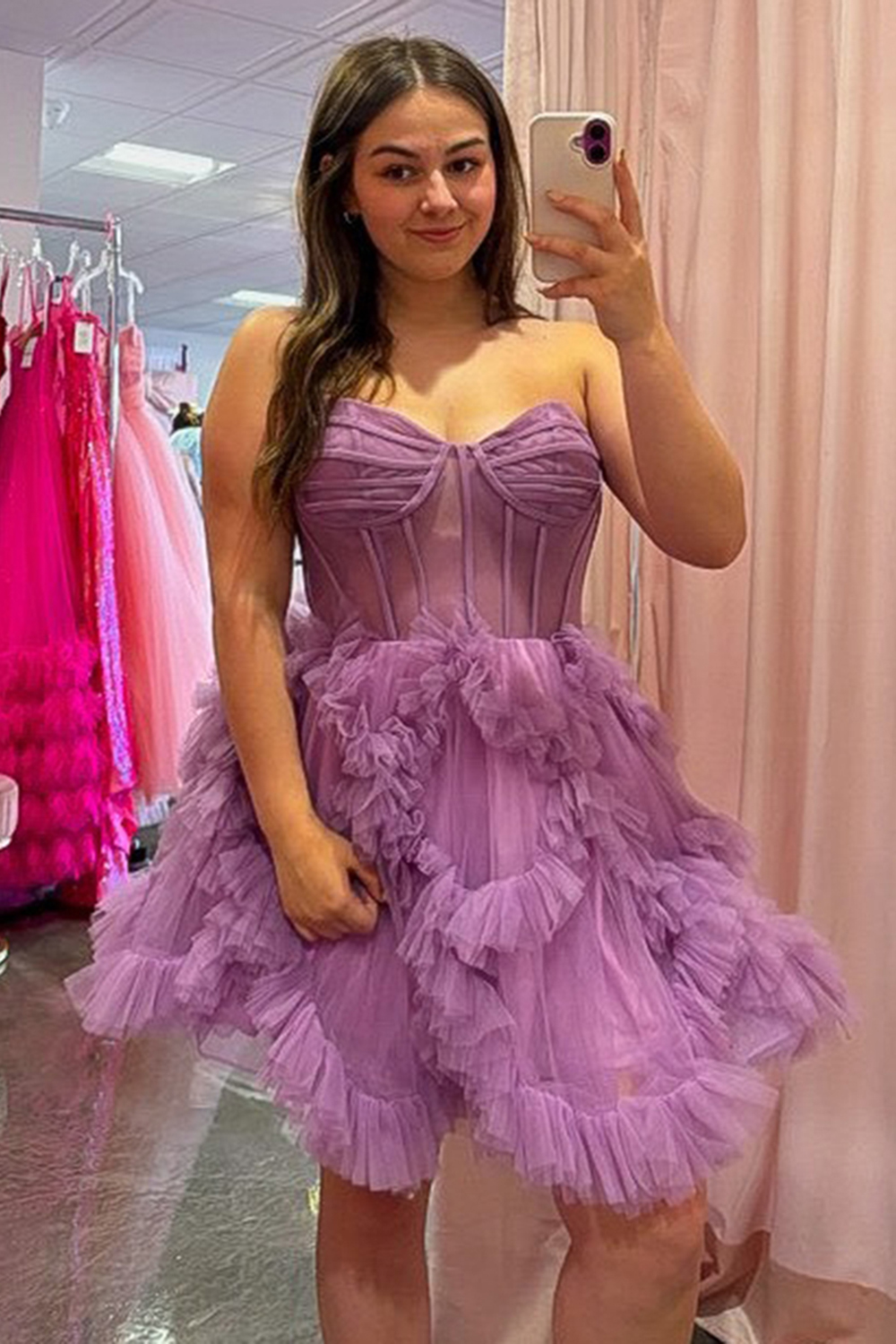Fuchsia Corset Sweetheart Short Homecoming Dress with Ruffles