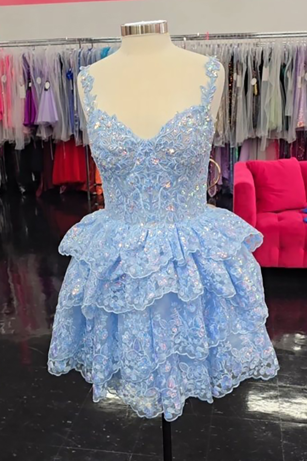 Sparkly Light Blue Floral Sequins Short Homecoming Dress with Ruffles