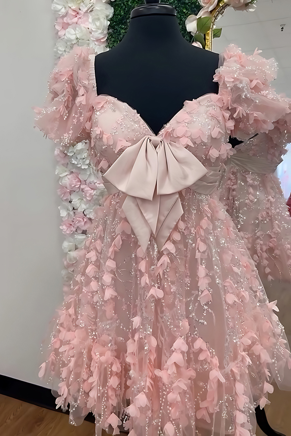 Pink Floral A Line Short Homecoming Dress with Bow