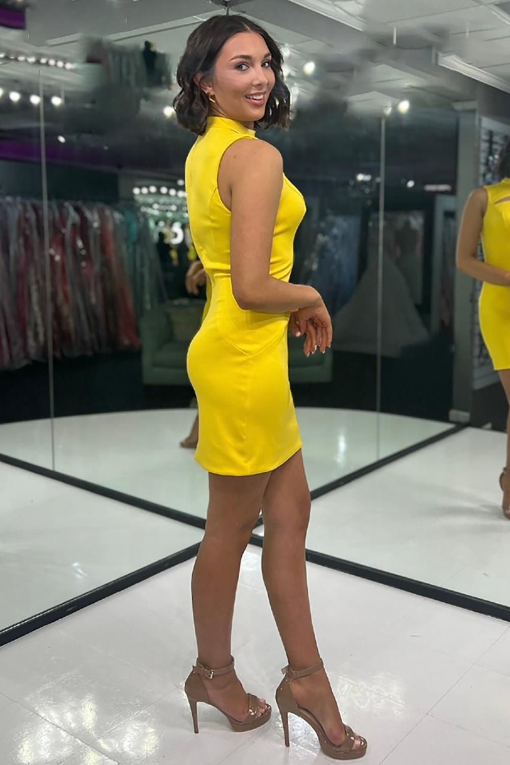 Yellow Satin High Neck Short Homecoming Dress