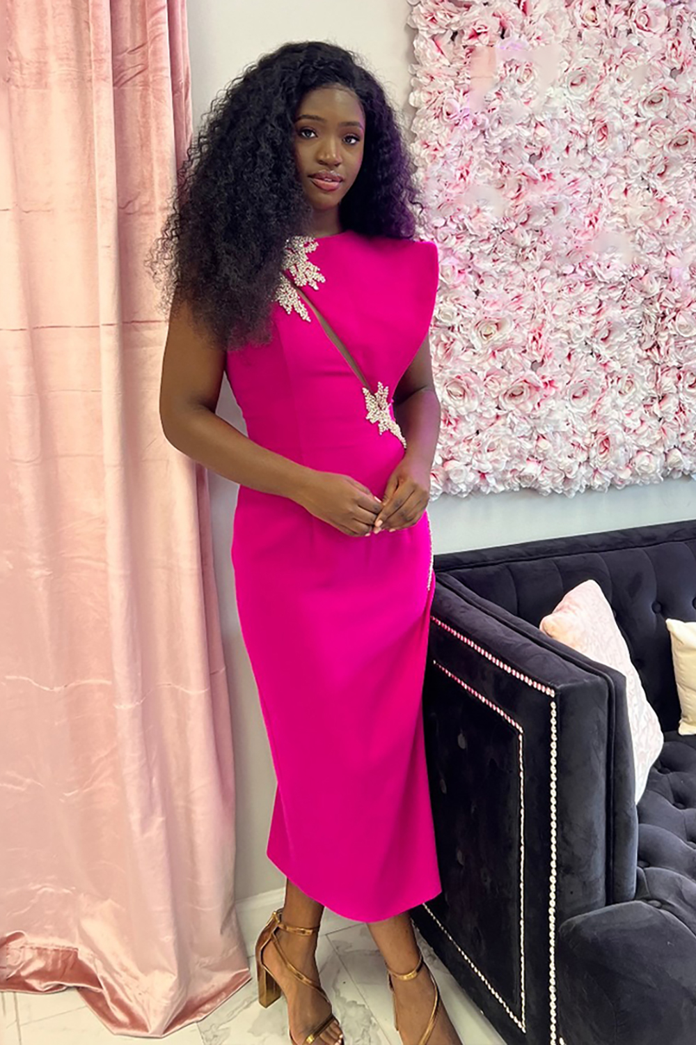 Sparkly Fuchsia Satin Keyhole Long Formal Dress with Beading