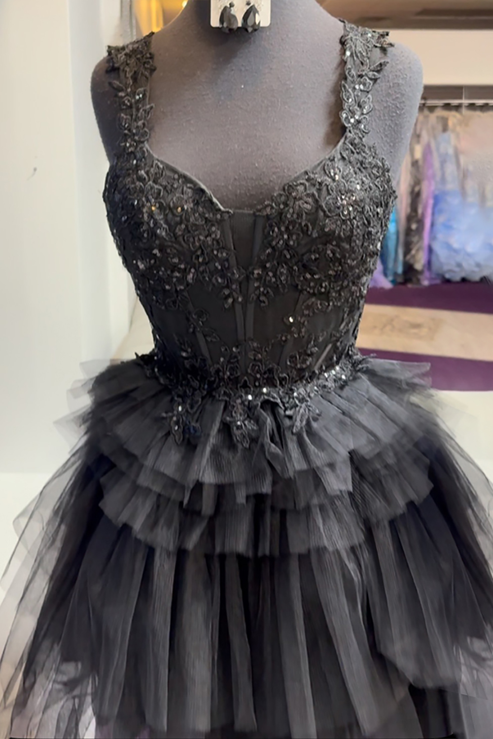 Black Tulle Ruffled Corset Short Homecoming Dress with Appliques