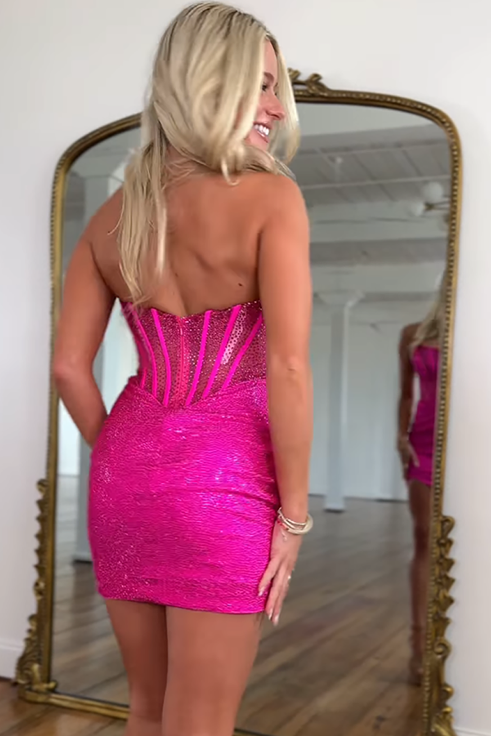 Sparkly Fuchsia Corset Tight Beaded Strapless Short Homecoming Dress