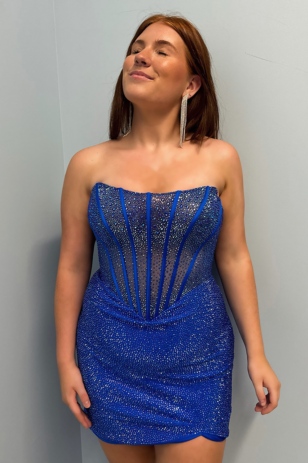 Sparkly Royal Blue Corset Tight Beaded Strapless Short Homecoming Dress