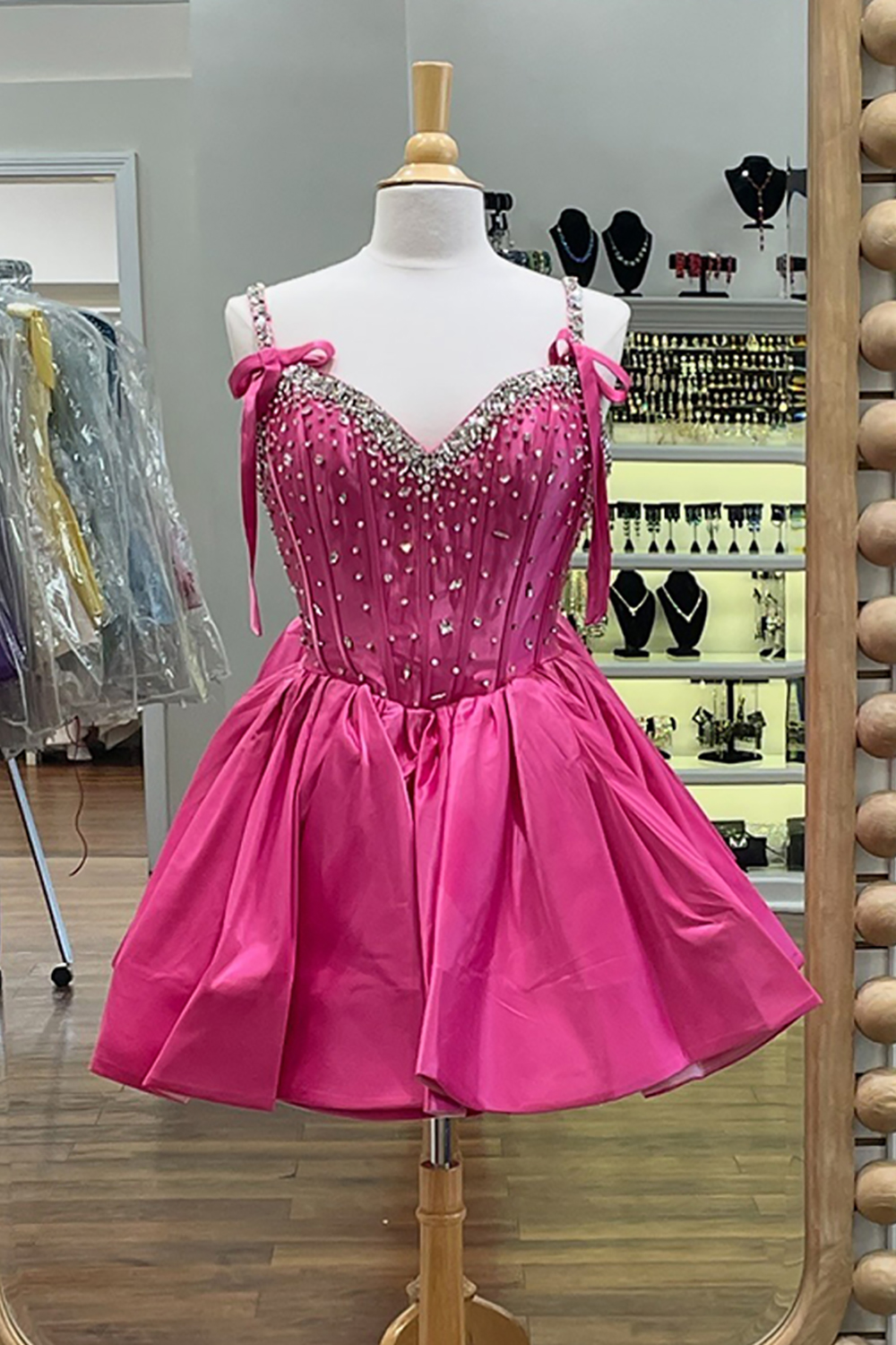 Sparkly Fuchsia Corset Beaded A Line Homecoming Dress with Bow
