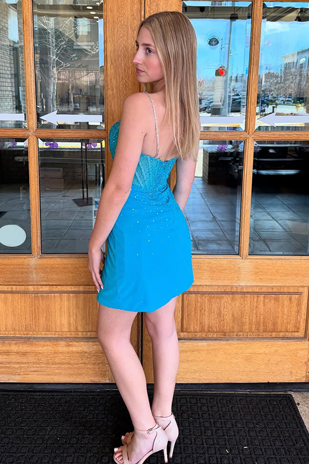 Sparkly Blue Corset Tight Ruched Short Homecoming Dress with Beading