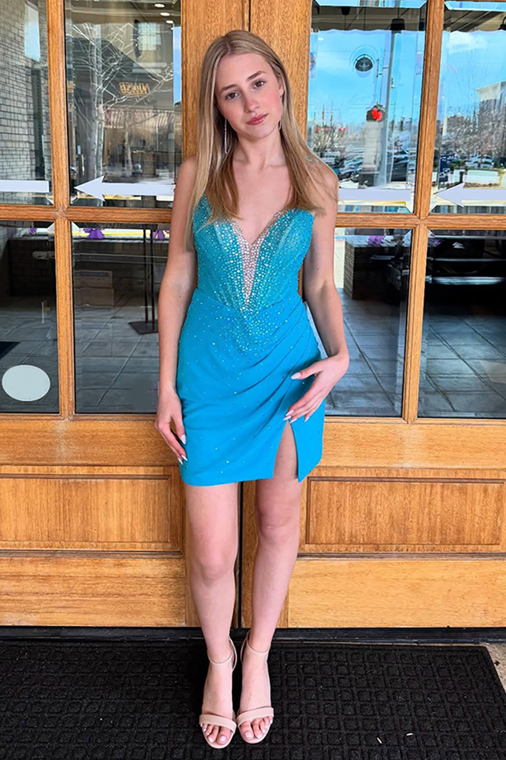 Sparkly Blue Corset Tight Ruched Short Homecoming Dress with Beading