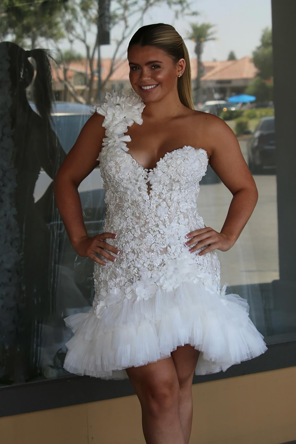 Sparkly White Floral Tight One Shoulder Ruffled Short Homecoming Dress