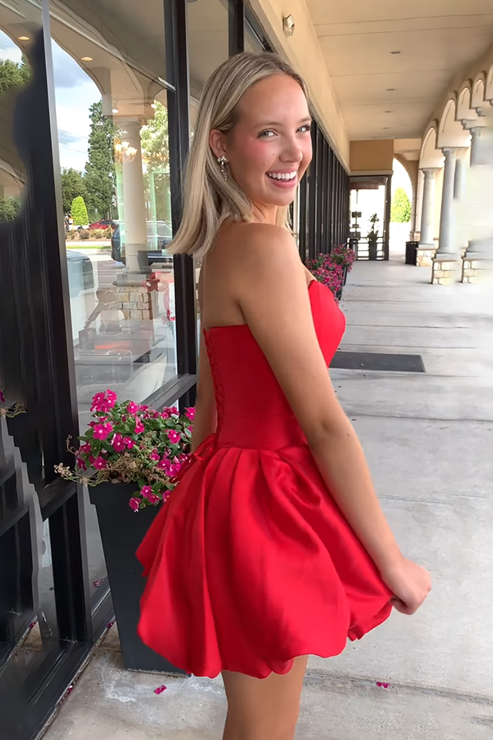 Red Floral Satin Corset A Line Strapless Short Homecoming Dress