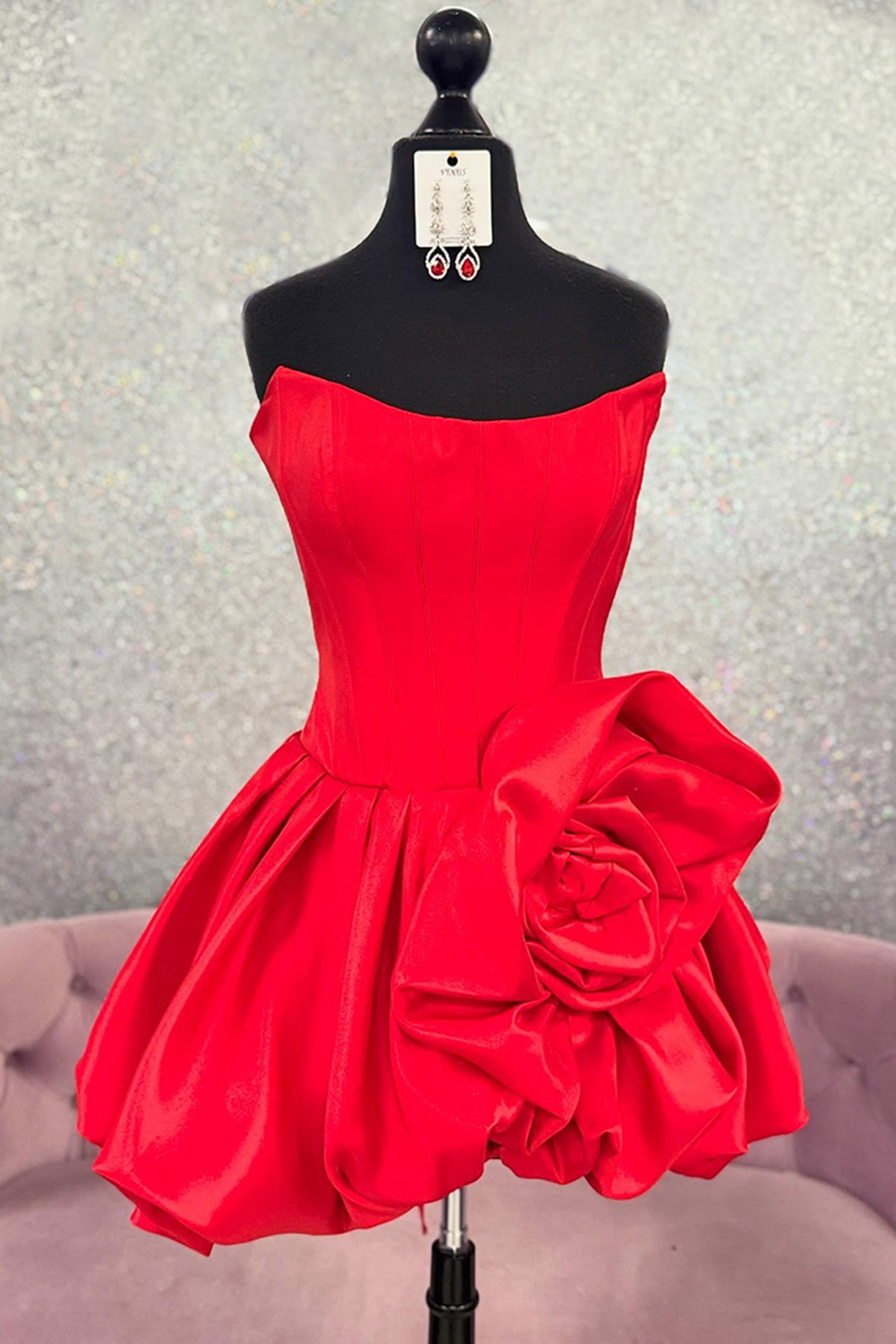Red Floral Corset Satin A Line Strapless Short Homecoming Dress
