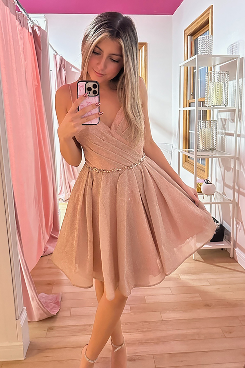 Sparkly Champagne A Line Ruched Short Homecoming Dress with Beading