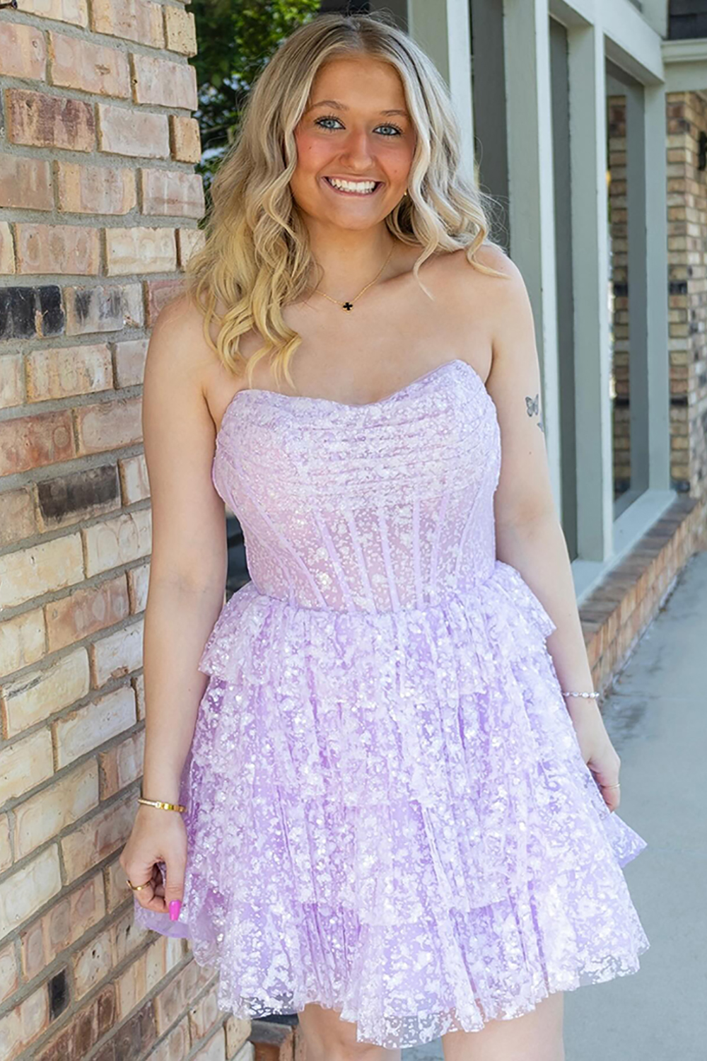 Sparkly Lilac Corset Tiered A Line Ruffled Short Homecoming Dress