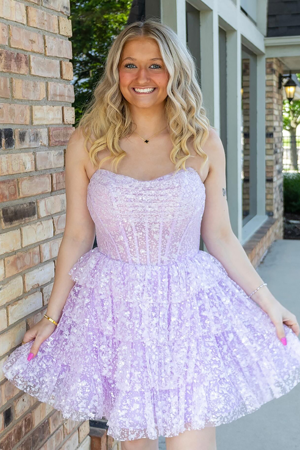 Sparkly Lilac Corset Tiered A Line Ruffled Short Homecoming Dress