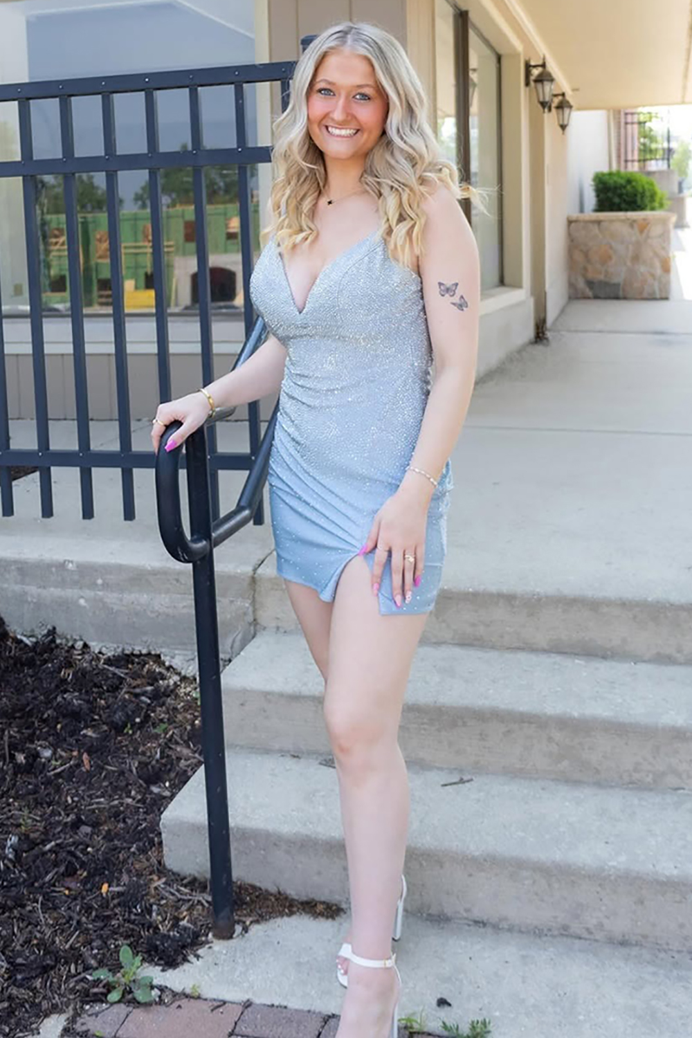 Sparkly Grey V-Neck Beaded Tight Short Homecoming Dress with Slit