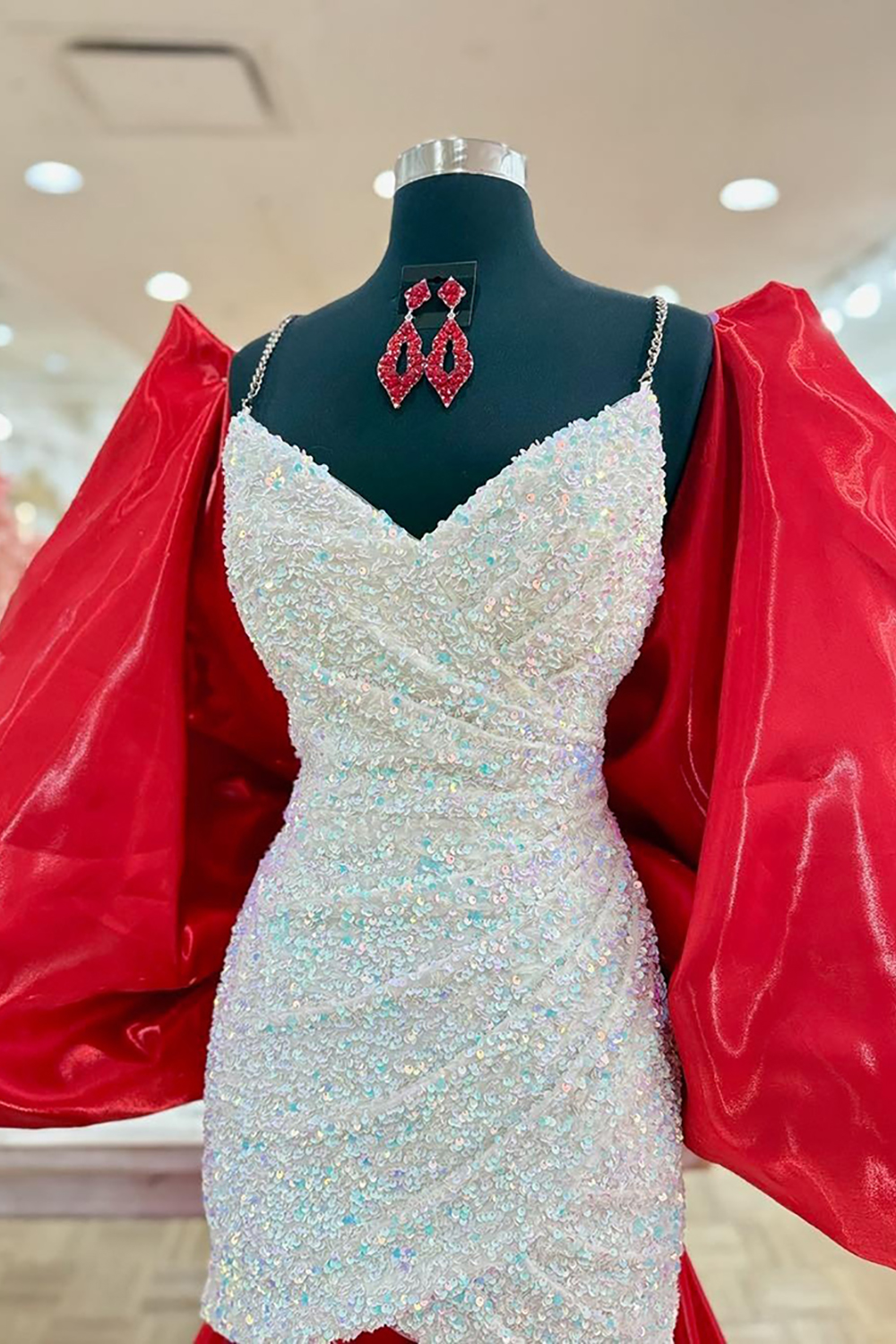 Sparkly White Red Sequins Ruched Tight Short Homecoming Dress with Bow