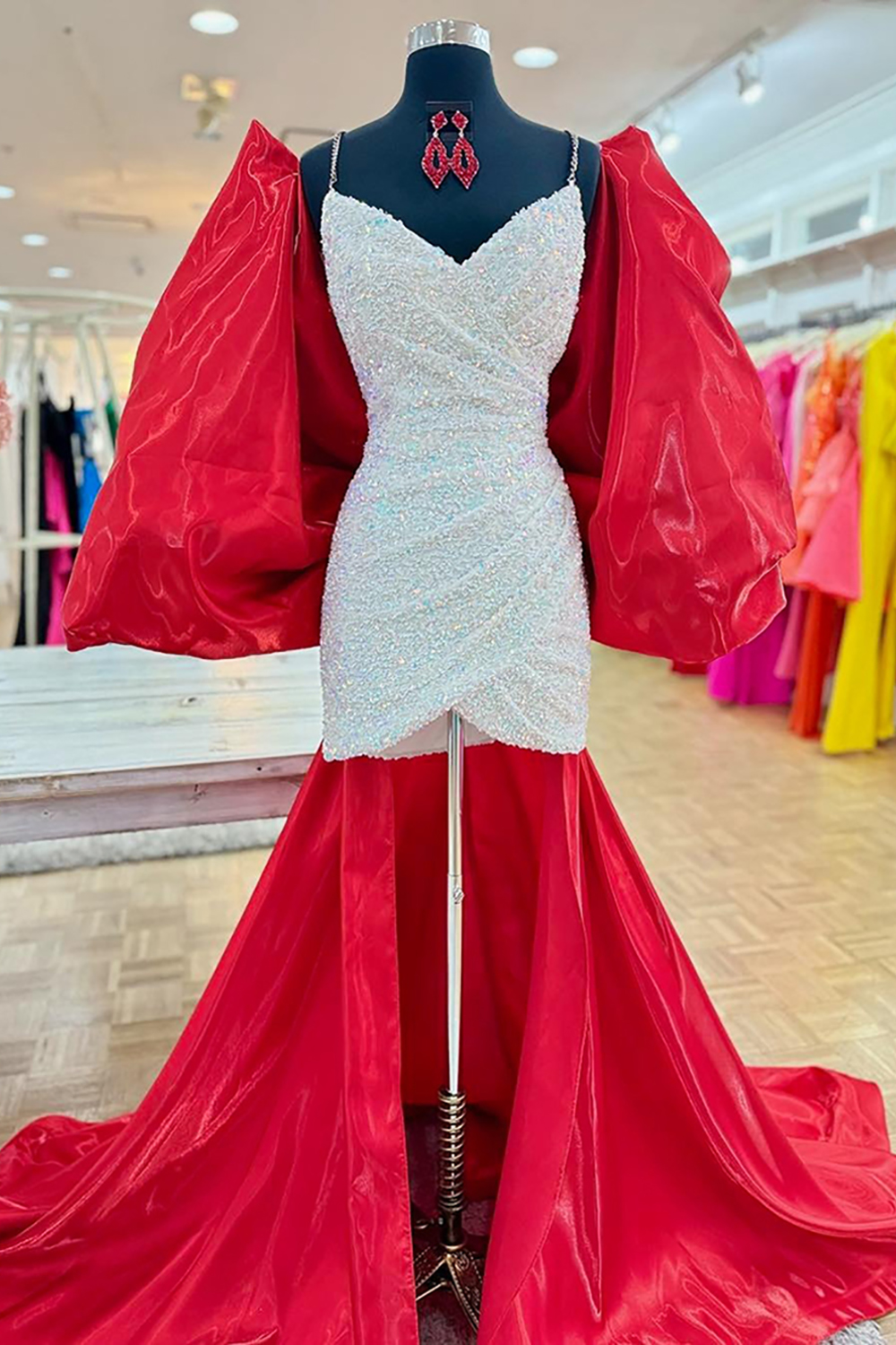Sparkly White Red Sequins Ruched Tight Short Homecoming Dress with Bow