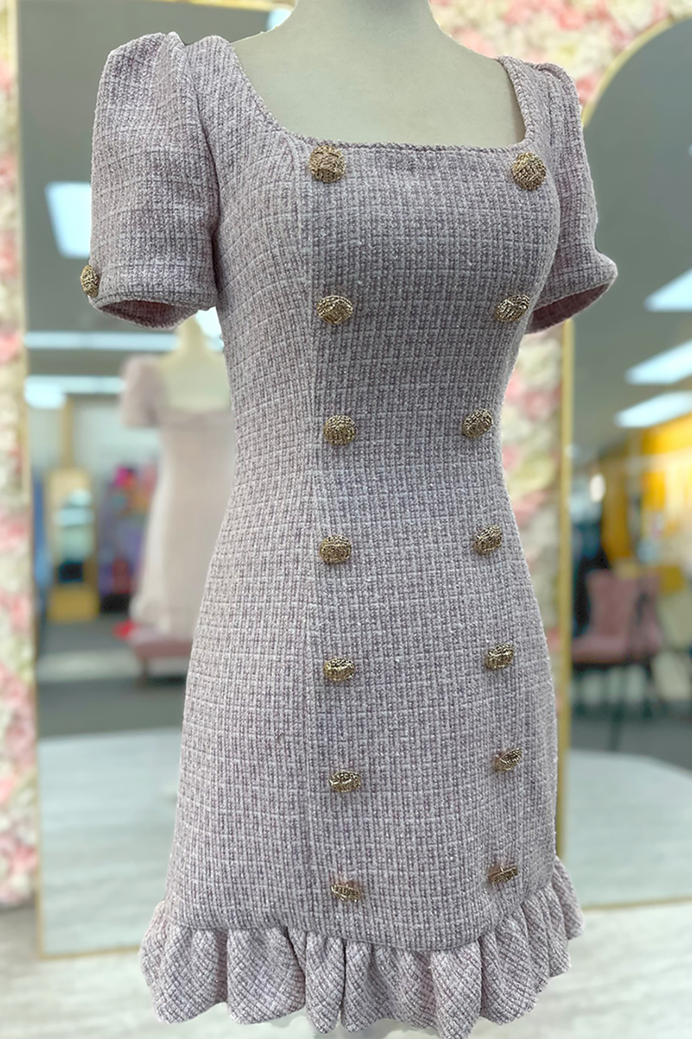 Pink Short Sleeves Tweed Button Homecoming Dress with Ruffles