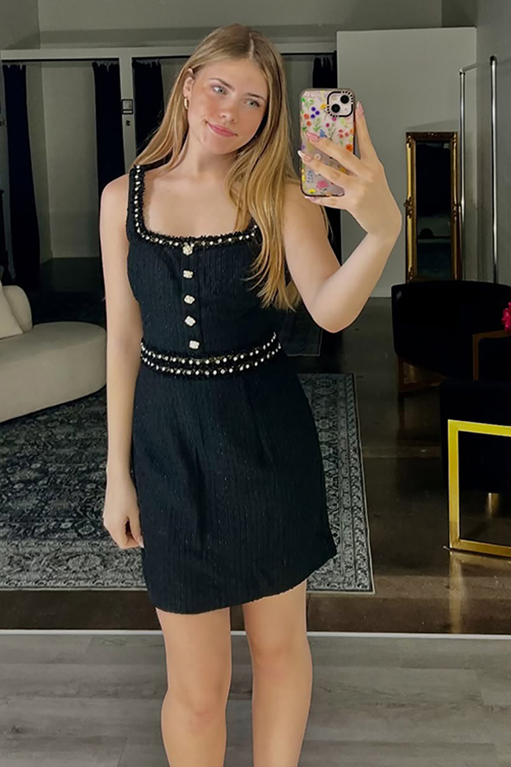 Homrain Women Sparkly Black Tight Short Tweed Button Homecoming Dress with Beading Square Neck Homecoming Outfits