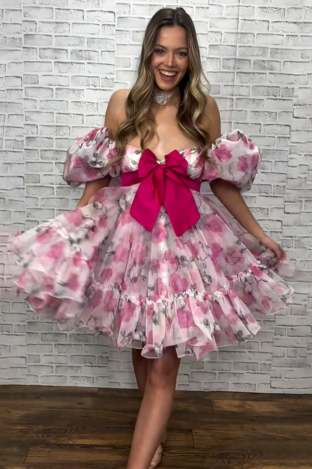 Pink Floral Chiffon A Line Ruffled Short Homecoming Dress with Bow