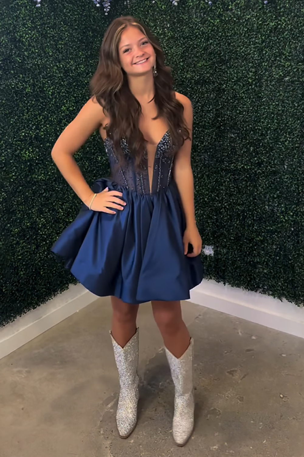 Sparkly Navy A Line Corset Short Homecoming Dress with Beading