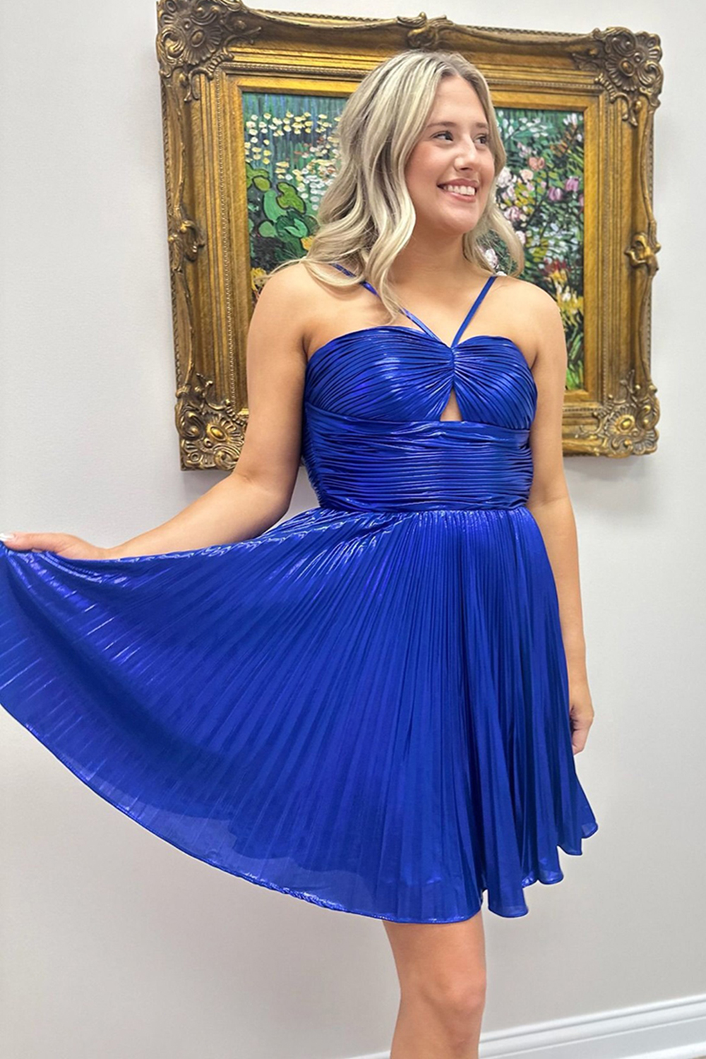 Silver Halter Pleated A Line Metallic Short Homecoming Dress