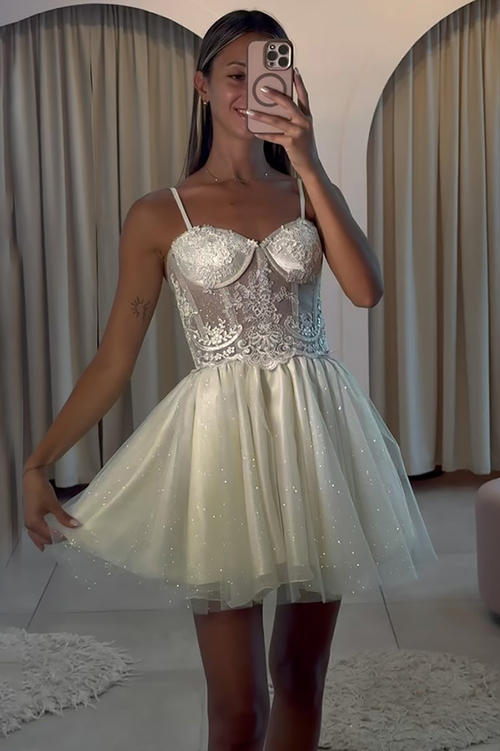 Glitter Beige Corset A Line Short Homecoming Dress with Appliqued