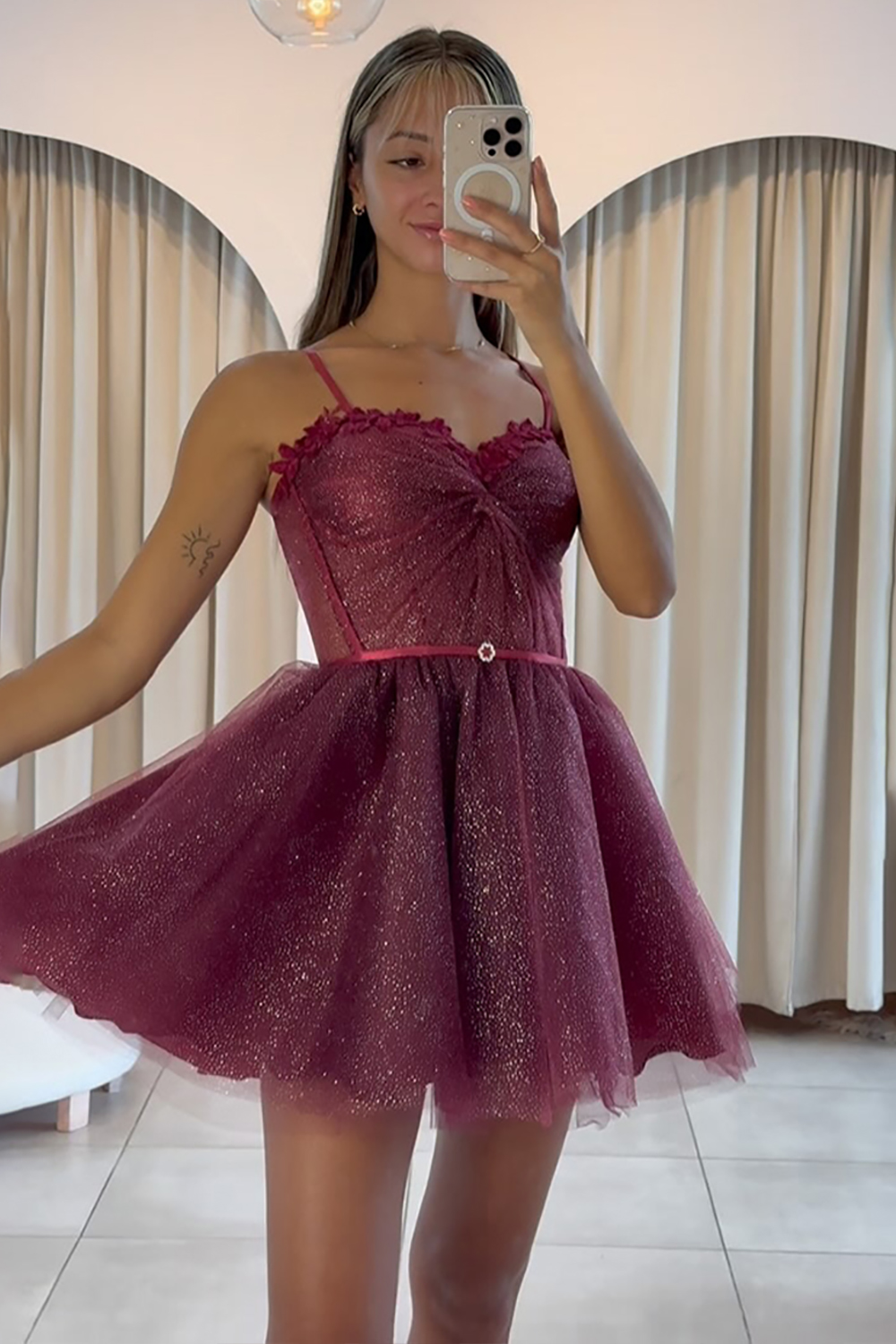 Glitter Maroon A Line Short Homecoming Dress with Ruffles