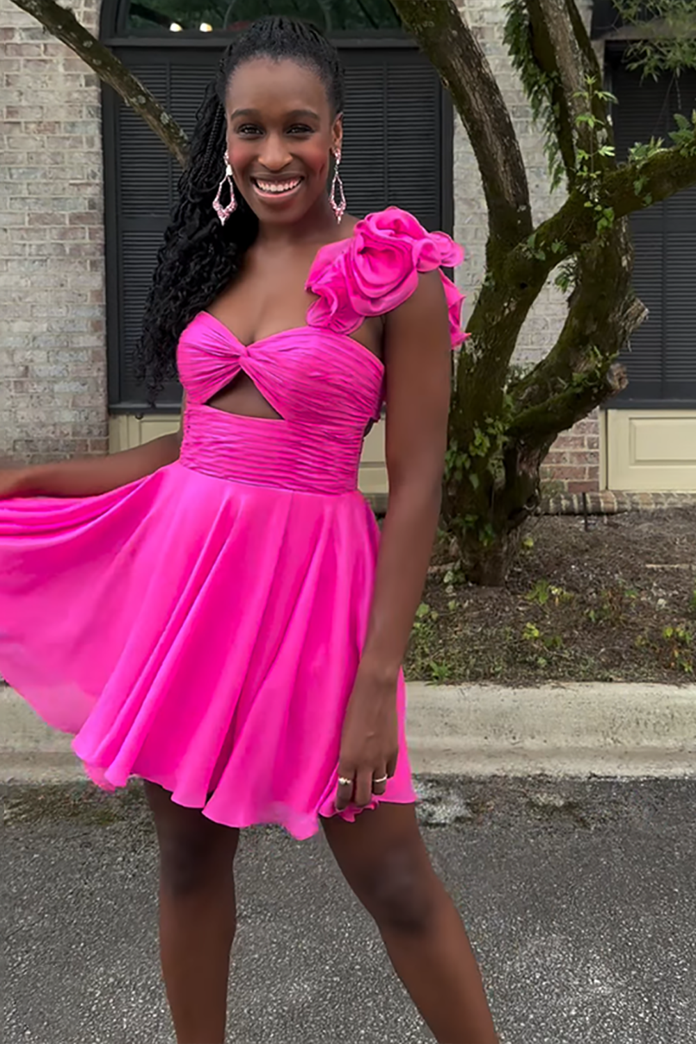 Fuchsia Floral Chiffon A Line Short Homecoming Dress