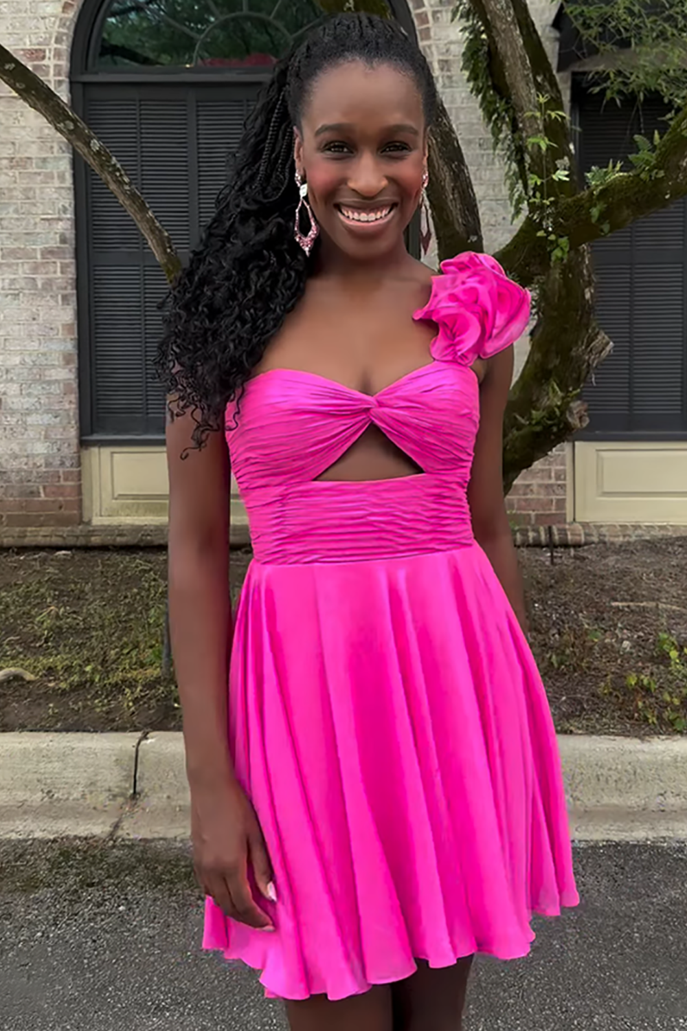 Fuchsia Floral Chiffon A Line Short Homecoming Dress