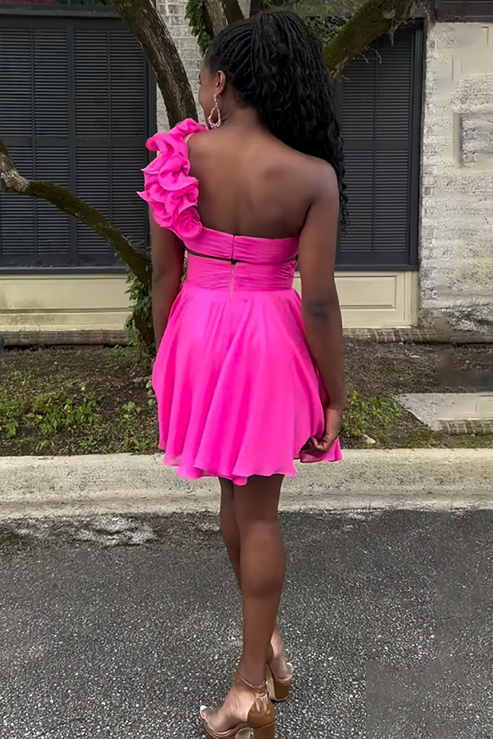 Fuchsia Floral Chiffon A Line Short Homecoming Dress