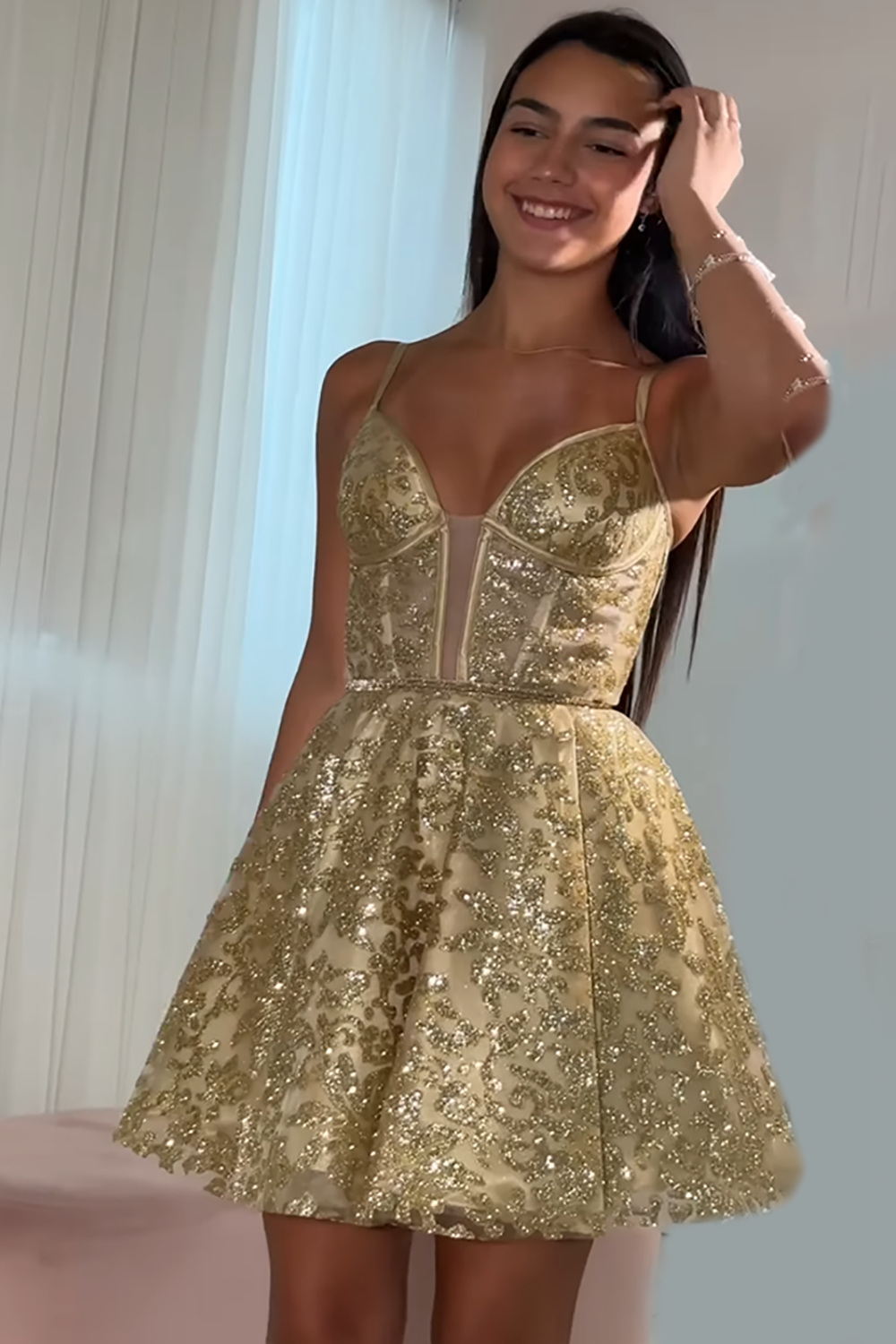 Sparkly Gold A Line Short Corset Homecoming Dress with Beading