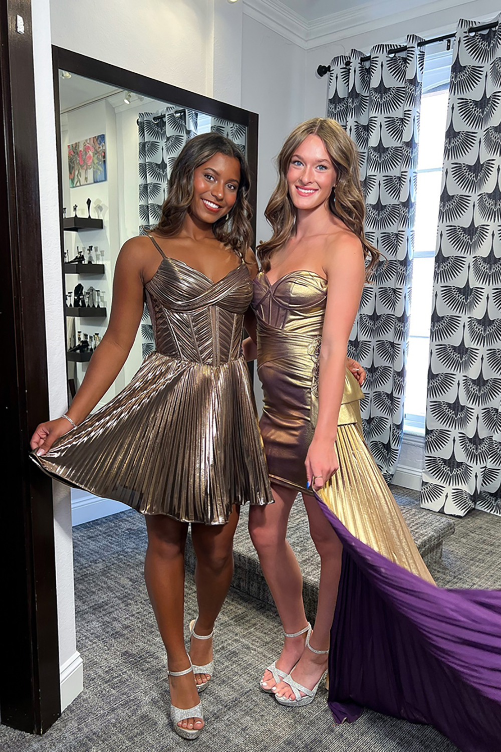 Gold Metallic Floral One Shoulder Short Corset Homecoming Dress with Ruffles